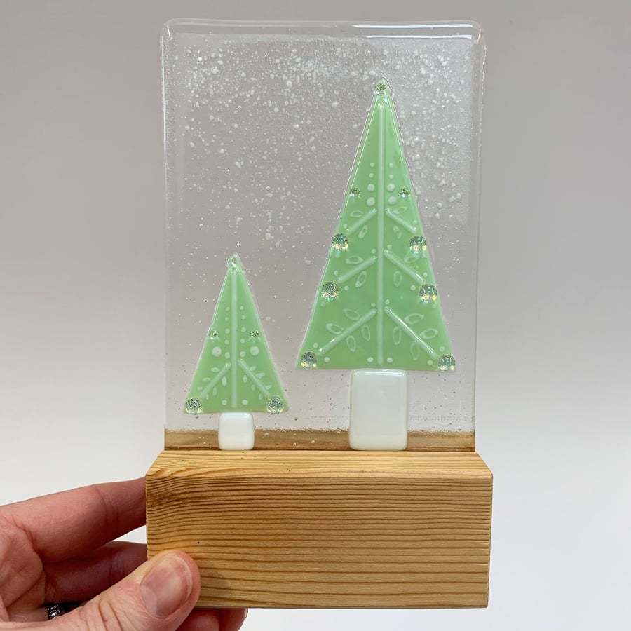 Fused Glass Christmas Tree Scene - Handmade Glass Decoration