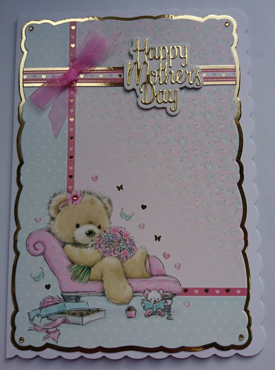 3D Luxury Handmade Card Happy Mother's Day Teddy Bear Flowers on Chaise Lounge