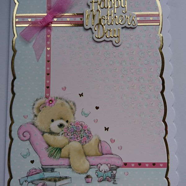 3D Luxury Handmade Card Happy Mother's Day Teddy Bear Flowers on Chaise Lounge