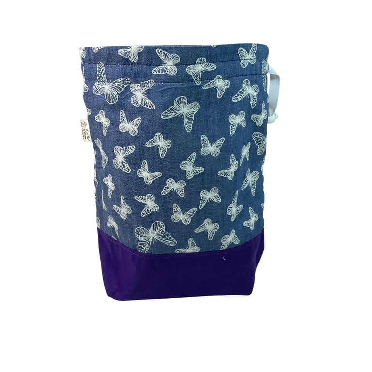 two at a time knitting bag with denim butterfly  print, drawstring  pouch, 