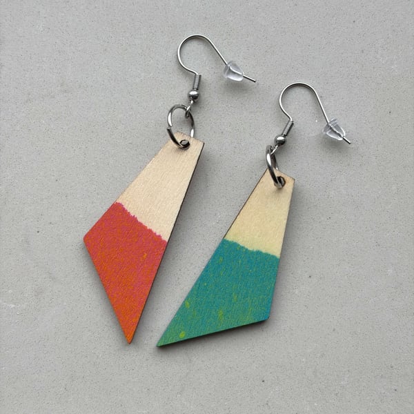 Hand Painted Wooden Earrings – Sunset & Sea Geometric Plywood Earrings