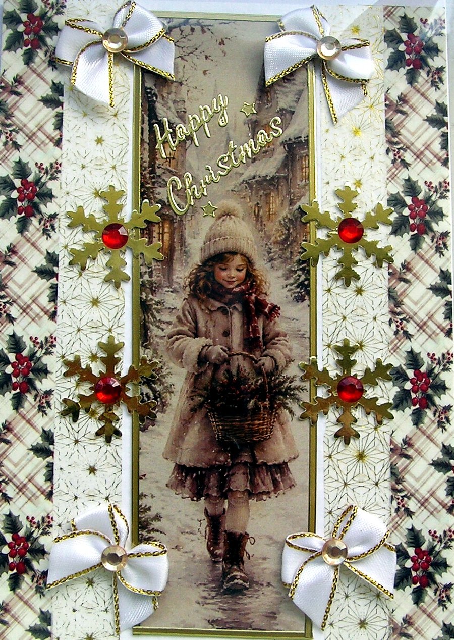 Hand Crafted Decoupage Chistmas Card Happy Christmas (3375) Girl Carrying Basket