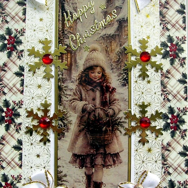 Hand Crafted Decoupage Chistmas Card Happy Christmas (3375) Girl Carrying Basket