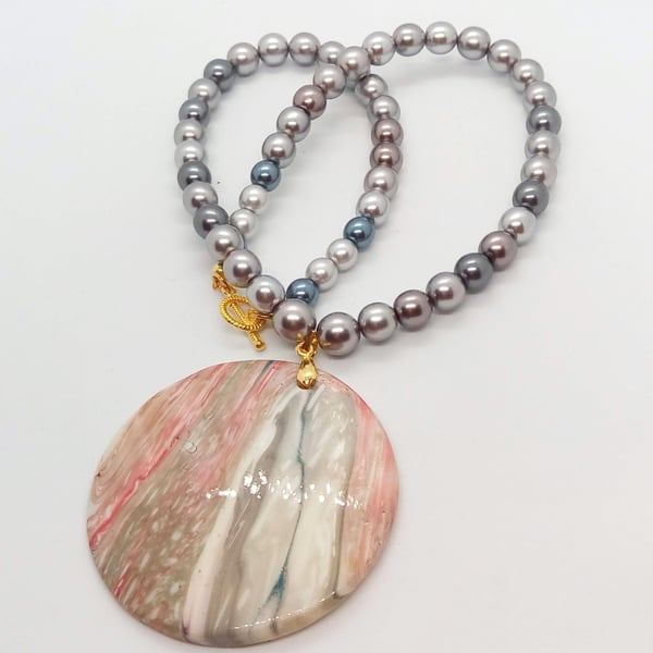Pink and Grey Mother of Pearl Pendant on a Charcoal Grey Pearl Necklace