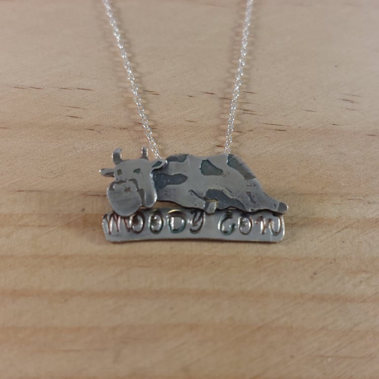 Sterling Silver Stamped Moody Cow Necklace (SKU201025C)