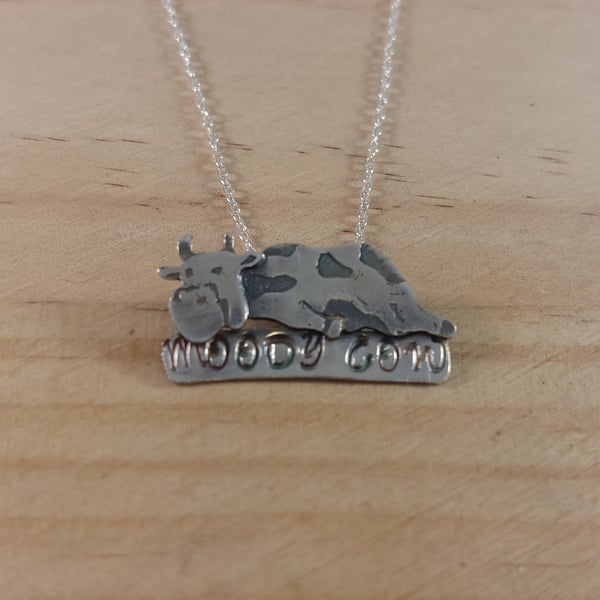 Sterling Silver Stamped Moody Cow Necklace (SKU201025C)