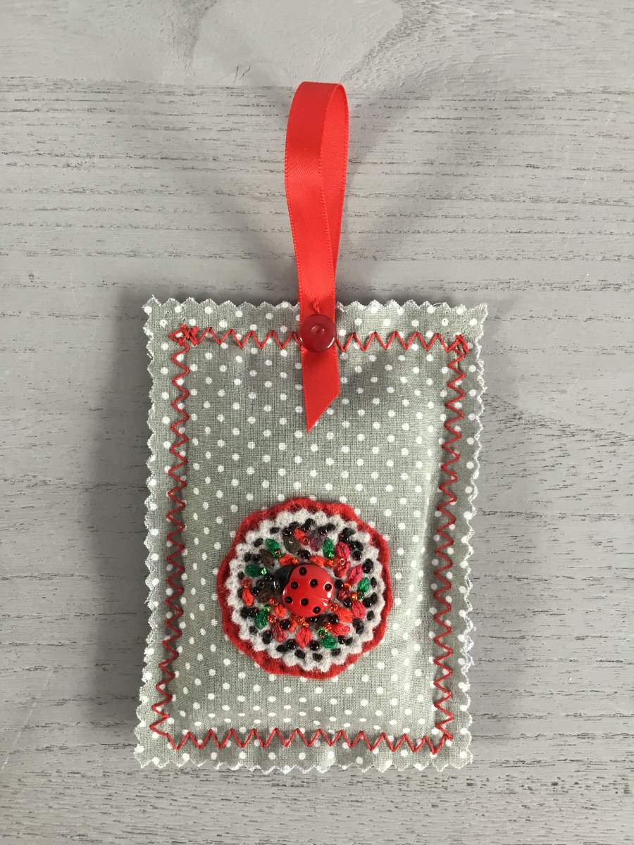 Hand Embroidered Ladybird Lavender Bag