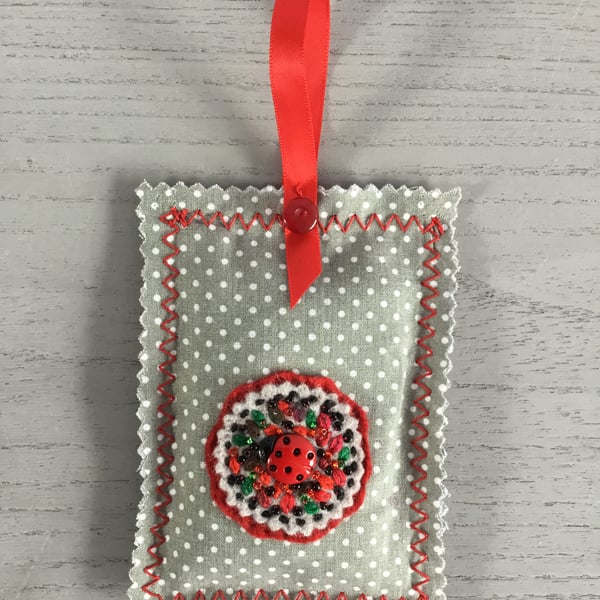 Hand Embroidered Ladybird Lavender Bag