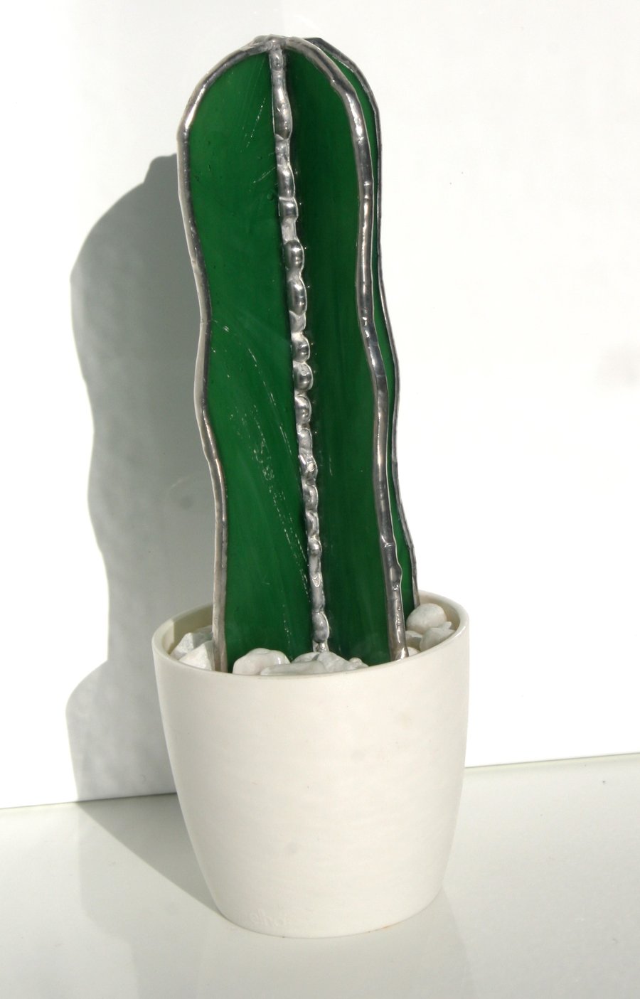 Stained Glass cactus in small white pot Handmade desk buddy glass plant