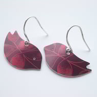 Bird earrings in plum and red with leaf print 
