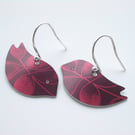 Bird earrings in plum and red with leaf print 