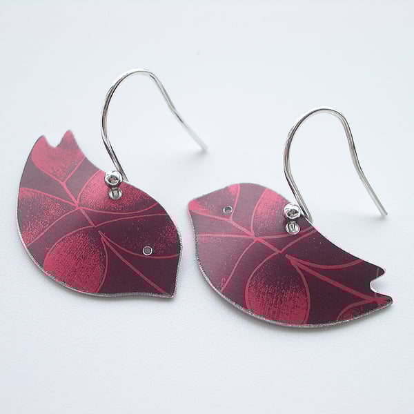 Bird earrings in plum and red with leaf print 
