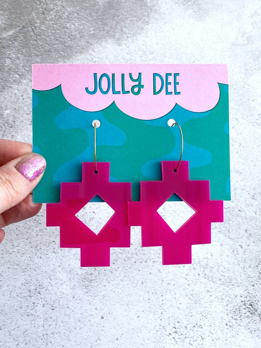Pink acrylic diamond earrings for her, fun festival jewellery gold hoop earrings