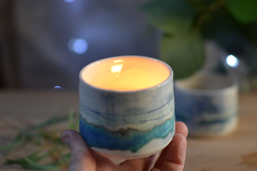 Small Seascape Ceramic Candle pot - Complete with a tea light