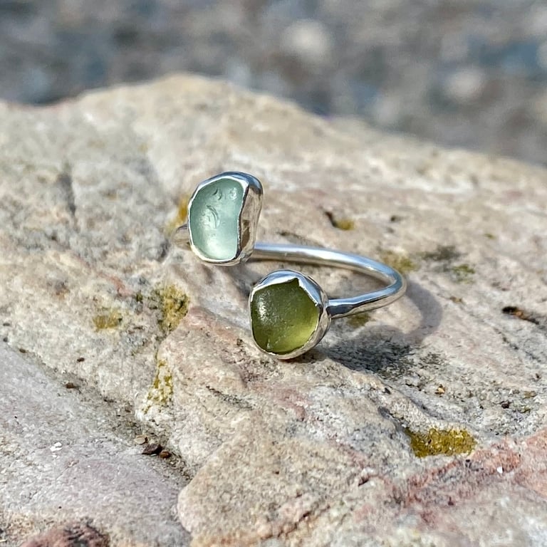 Olive & Pale Aqua Sea Glass and Sterling Silver Spiral Adjustable Ring - 1330