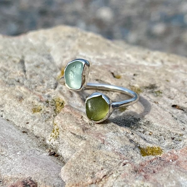 Olive & Pale Aqua Sea Glass and Sterling Silver Spiral Adjustable Ring - 1330