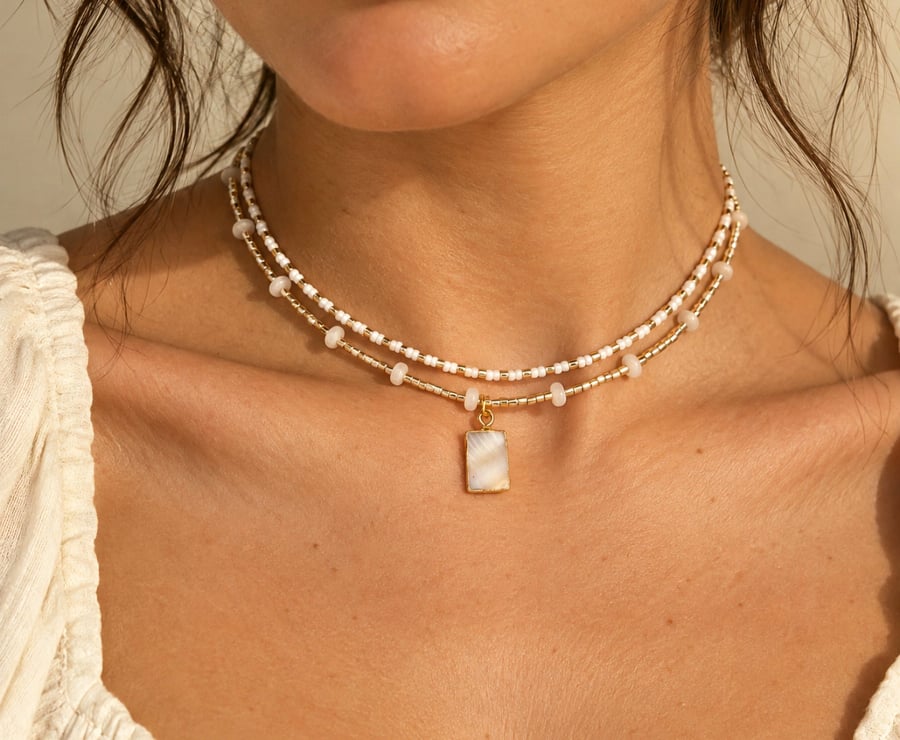 White Glass Bead Necklace Abalone Pendant – Double Layer Gold-Tone Choker