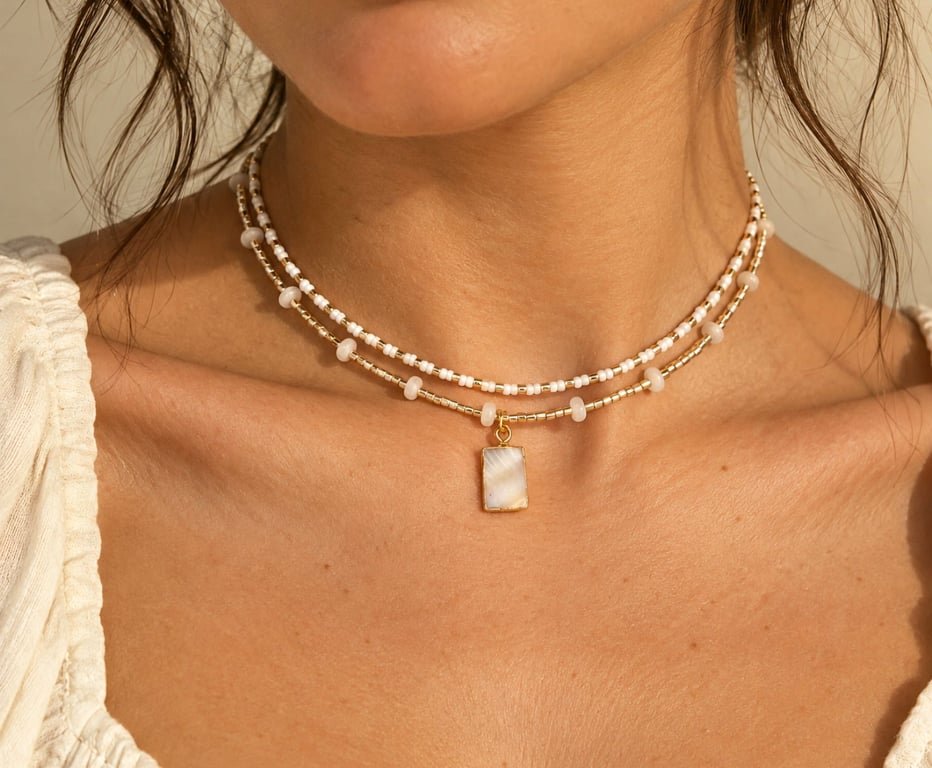 White Glass Bead Necklace Abalone Pendant – Double Layer Gold-Tone Choker