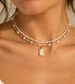 White Glass Bead Necklace Abalone Pendant – Double Layer Gold-Tone Choker