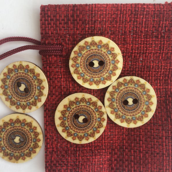 Cream Brown Mandala style Wood buttons 1" , 25mm across