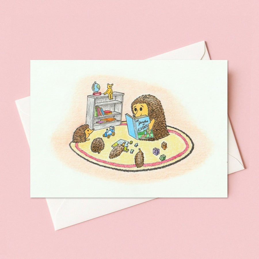 Hedgehogs Storytime Greeting Card: Cute Pencil Illustration, Blank Inside (207)