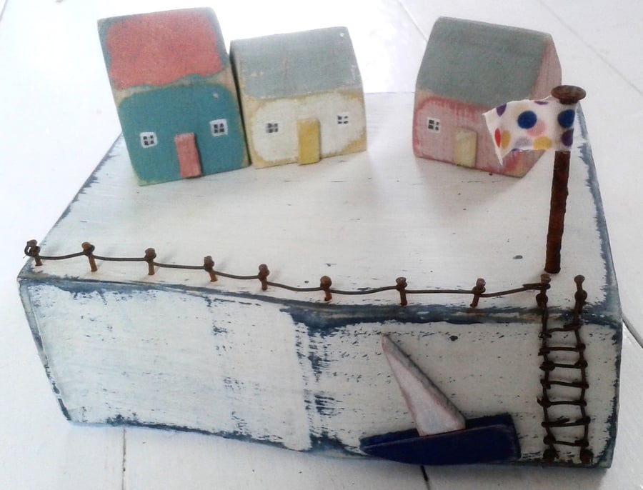 Wooden and mix media Harbour Scene 