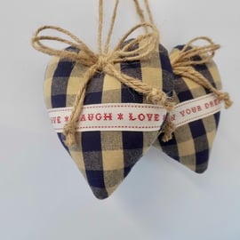 Pair hanging hearts navy beige check gingham with words to inspire