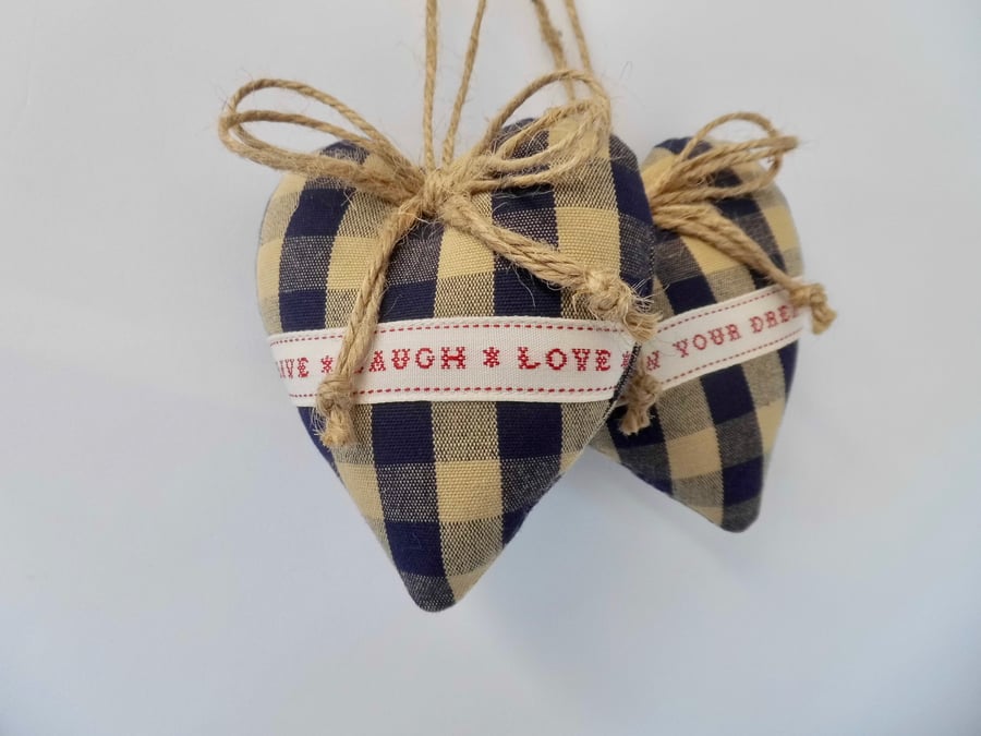 SOLD Pair hanging hearts navy beige check gingham with words to inspire