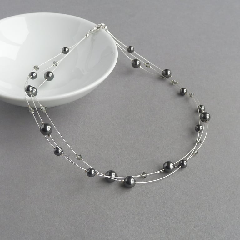 Black Pearl Multi-strand Jewellery - Dark Grey Floating Pearl Necklace - Gifts