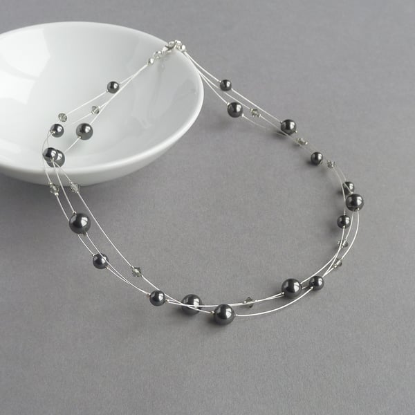 Black Pearl Multi-strand Jewellery - Dark Grey Floating Pearl Necklace - Gifts