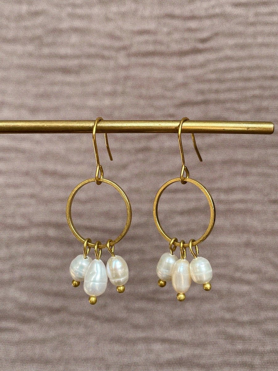 Dangle pearl brass earrings, wedding earrings, boho jewellery, gift for her