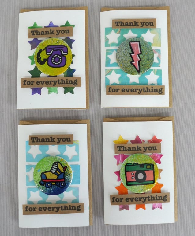 4 x Badges, 80s Badges, Badge Cards, Thank You Cards, Keepsake Cards