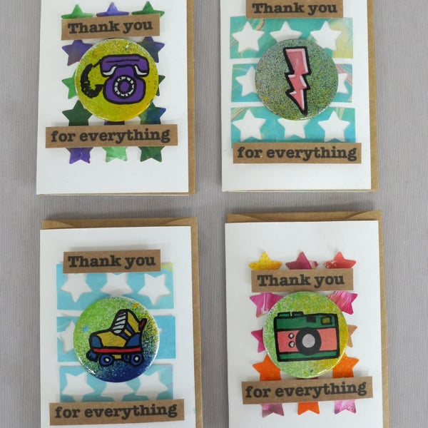 4 x Badges, 80s Badges, Badge Cards, Thank You Cards, Keepsake Cards