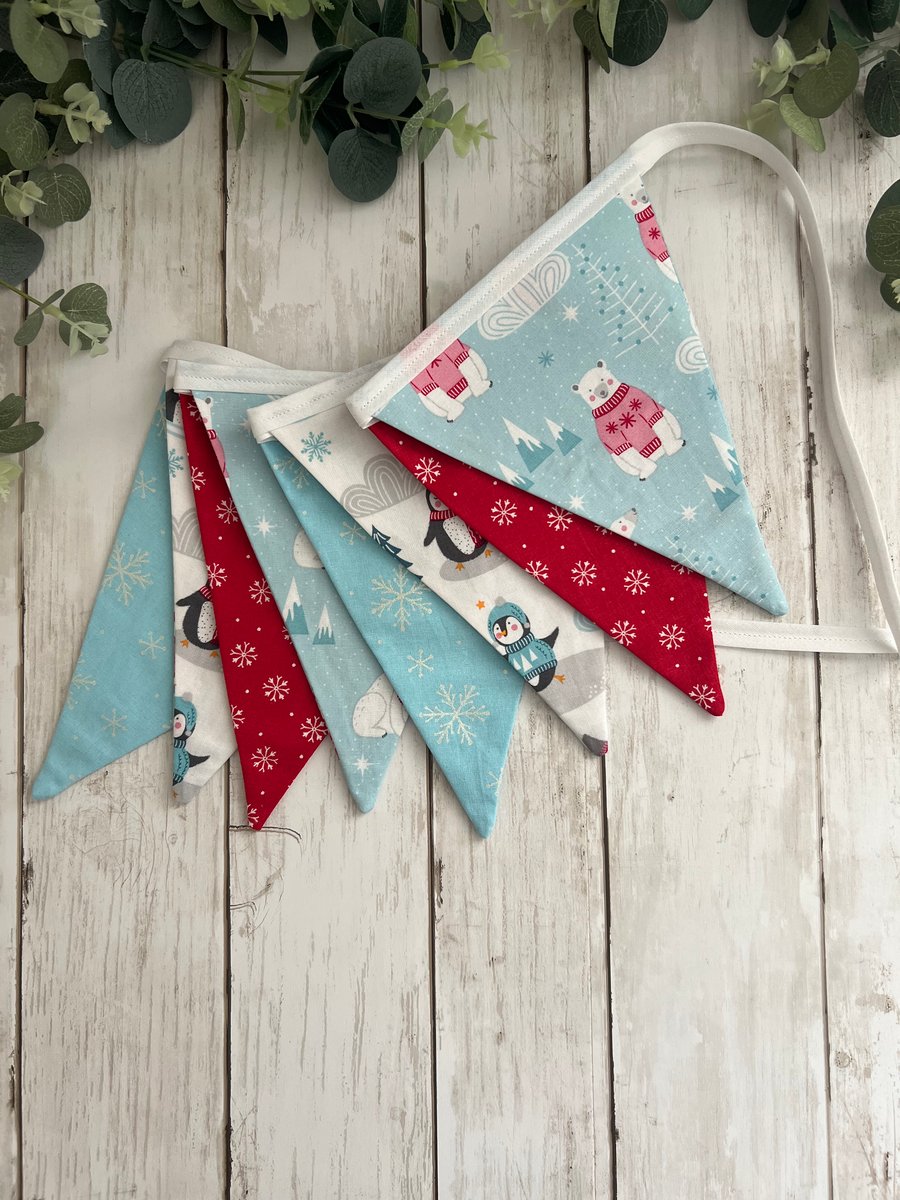 Handmade Fabric Bunting 8 Flags in Christmas Polar Bear & Penguin Design