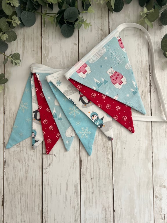 Handmade Fabric Bunting 8 Flags in Christmas Polar Bear & Penguin Design