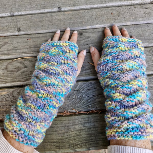 Cosy hand knitted winter wrist warmers or fingerless gloves size s-m