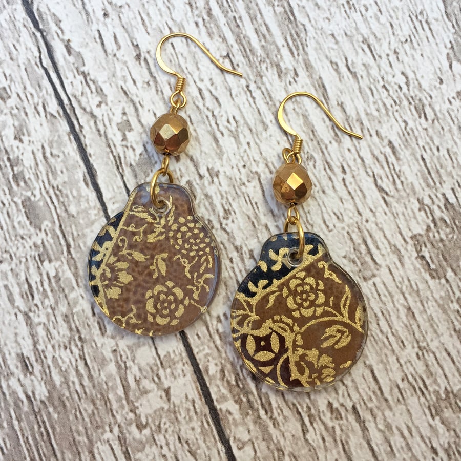 Brown and gold Japanese washi paper dangle earrings
