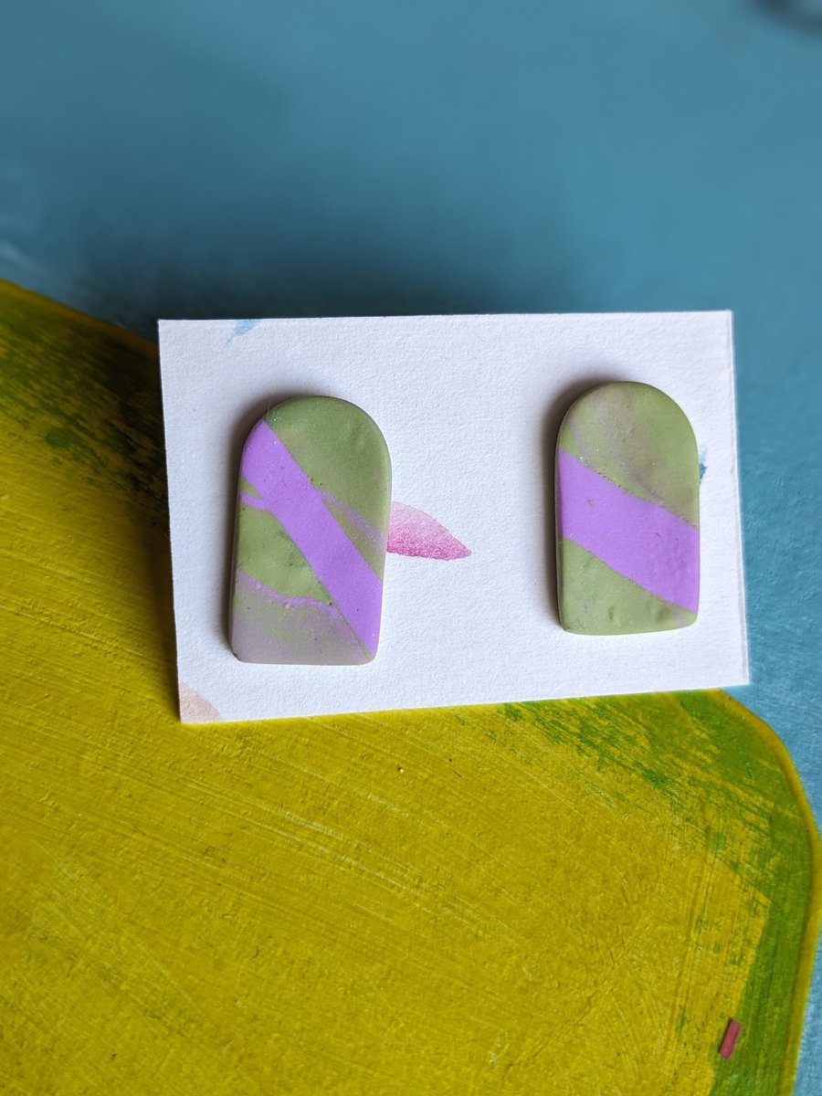 Fimo, clay, pale purple, pale green marbled stud earrings, arch shape