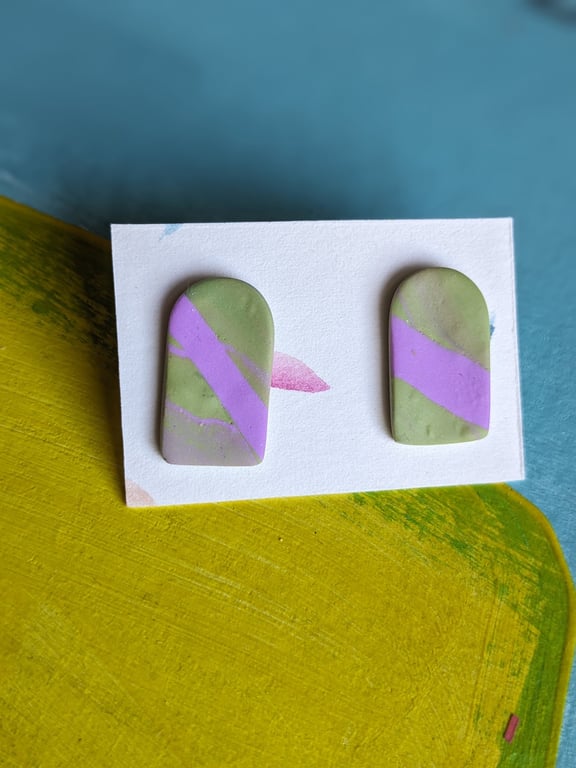 Fimo, clay, pale purple, pale green marbled stud earrings, arch shape