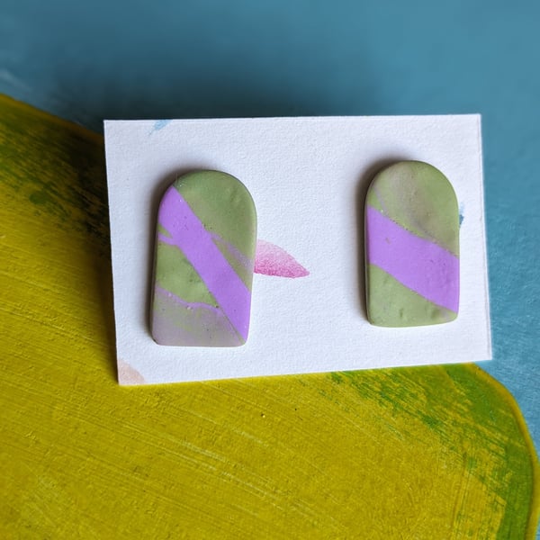 Fimo, clay, pale purple, pale green marbled stud earrings, arch shape