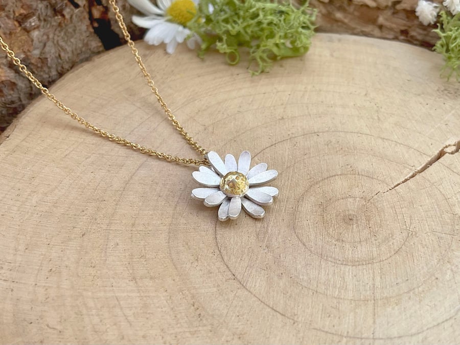 Handmade Gold & Silver Daisy Necklace (gold chain)