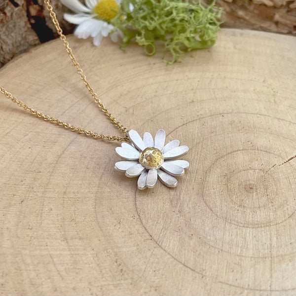 Handmade Gold & Silver Daisy Necklace (gold chain)