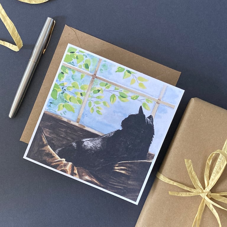 Black Cat Card. Handmade blank watercolour painting art card for cat lover.