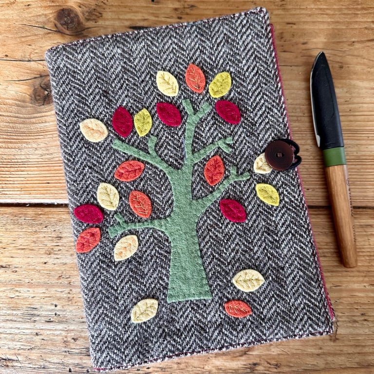 Notebook & Journal Cover with Tree Decoration in Vintage Welsh Tweed & Felt