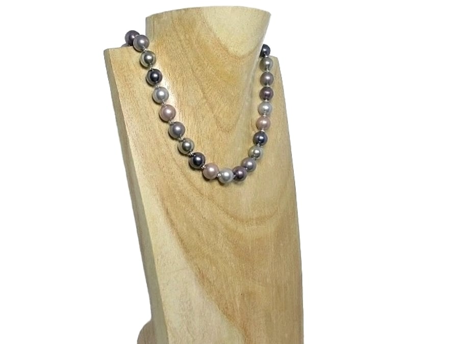Chunky Burgundy, Peach, Purple & Silver Shell Pearls Necklace