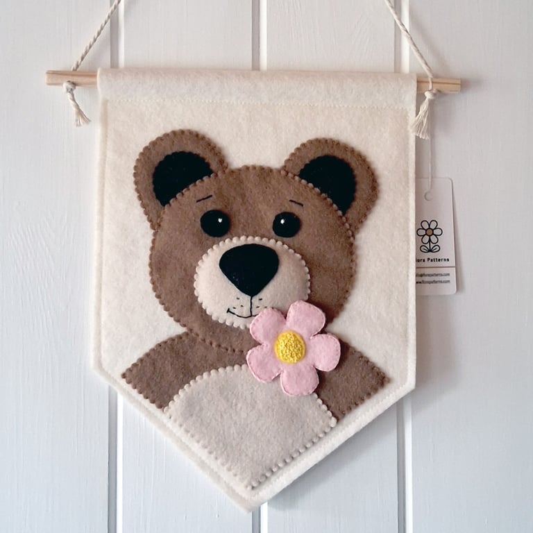 Light Brown Bear Felt Wall Flag with pink flower