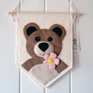 Light Brown Bear Felt Wall Flag with pink flower