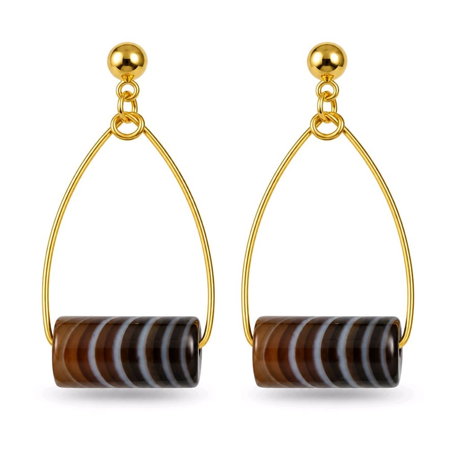 Natural Striped Agate Teardrop Earrings in Gold Tone