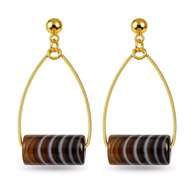 Natural Striped Agate Teardrop Earrings in Gold Tone