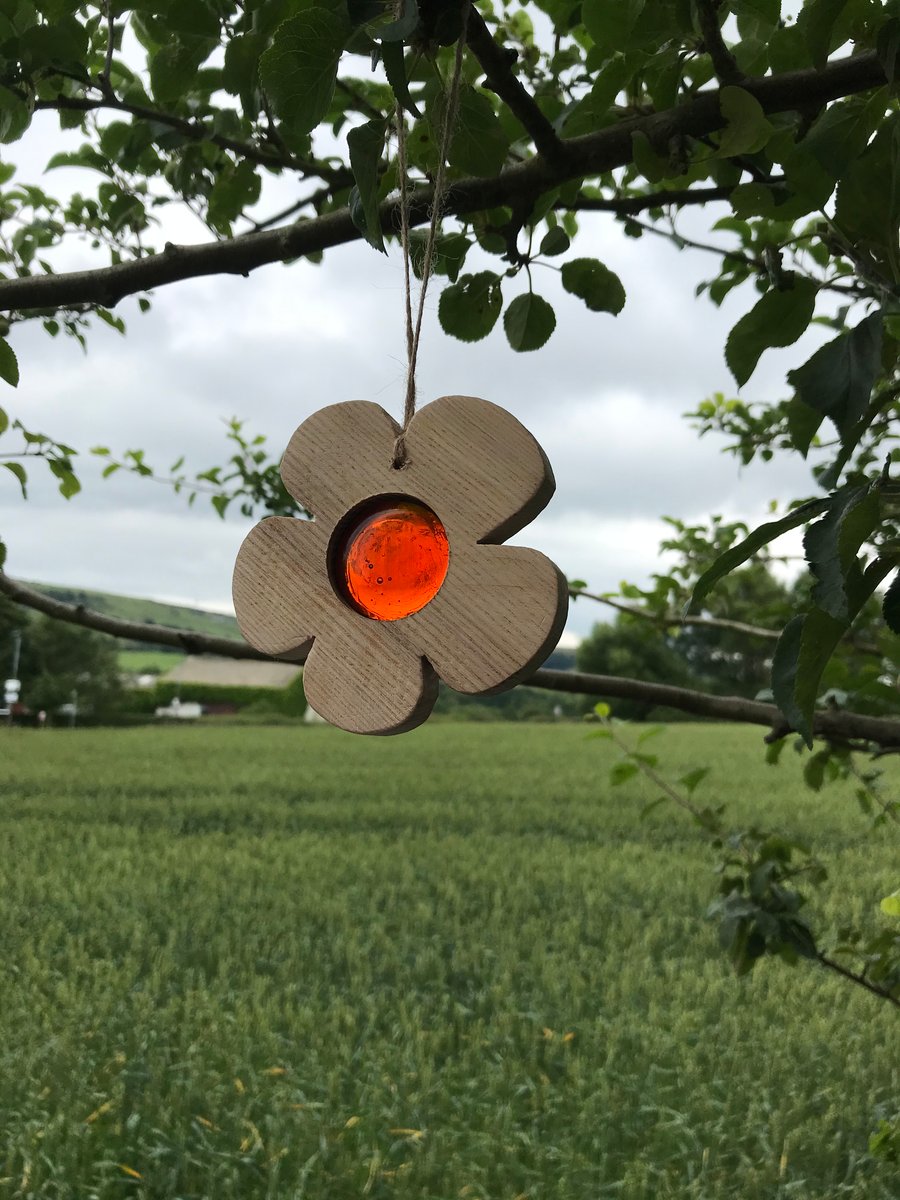 Hanging Wood and Glass handmade sun catcher,  flower, 4 colours available